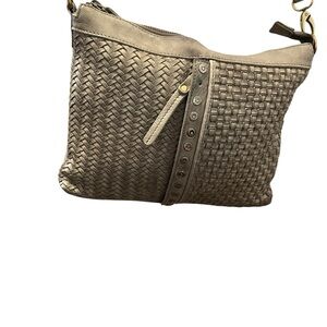 Authentic Milo Tan Crossbody Bag with Woven Texture and Zipper Closure